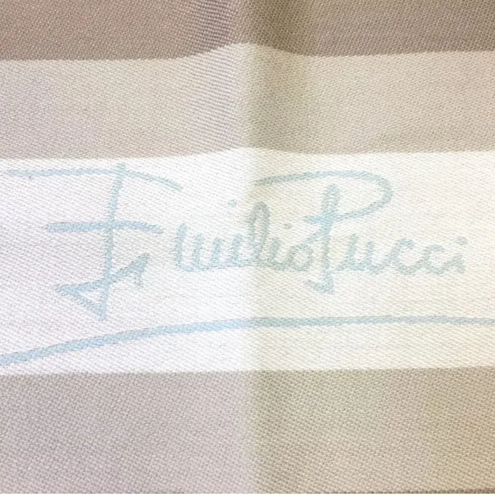 Auth NWT Emilio Pucci 100% Wool Neutrals Blues Striped Scarf Stole Muffler Wrap